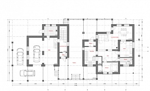 Проект дома с террасой, гаражом и навесом для авто 110/13. 1 этаж